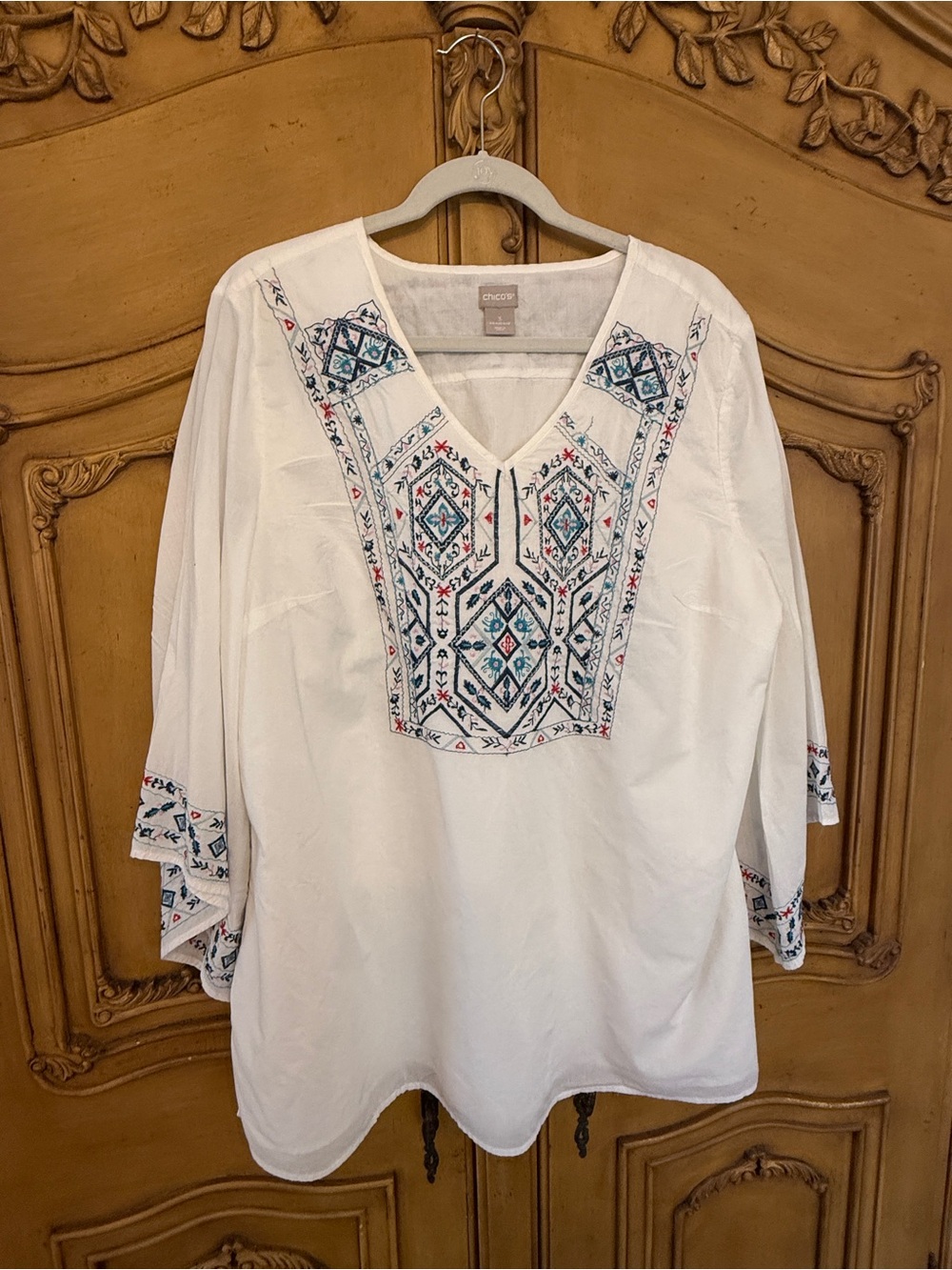 Chico's White Tunic with Blue & Pink Embroidered Panel - Picture 3 of 9